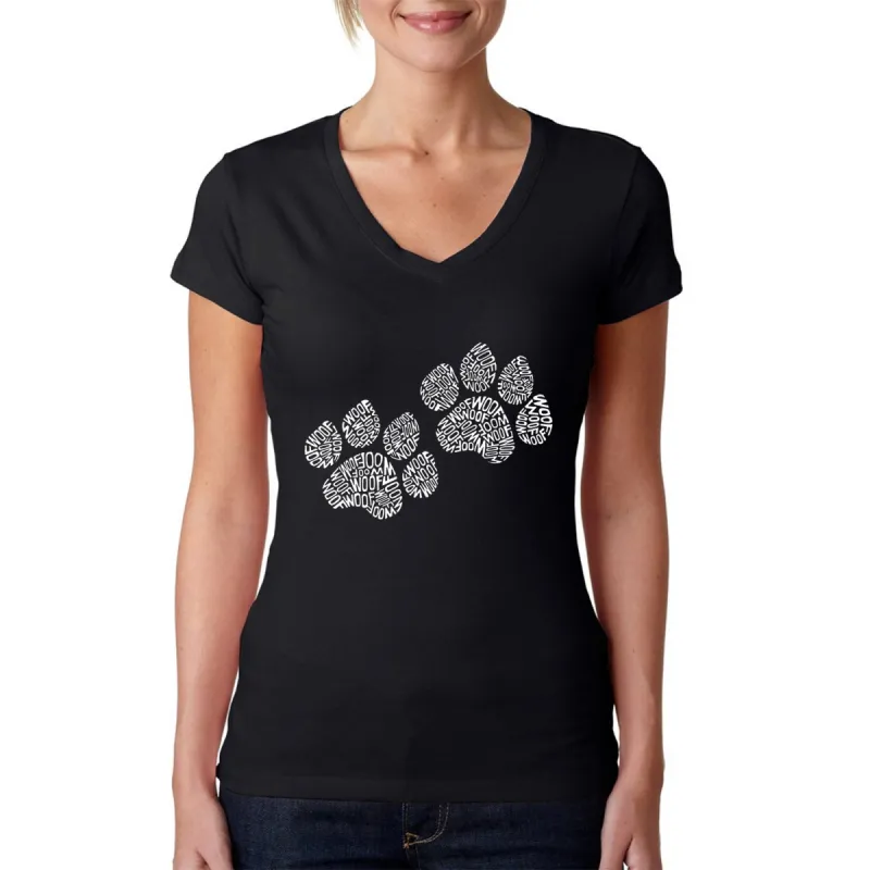 Woof Paw Prints - Women's Word Art V-Neck T-Shirt sold by LA Pop Art