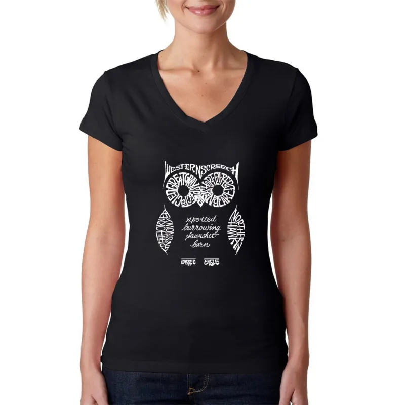 Owl - Women's Word Art V-Neck T-Shirt sold by LA Pop Art