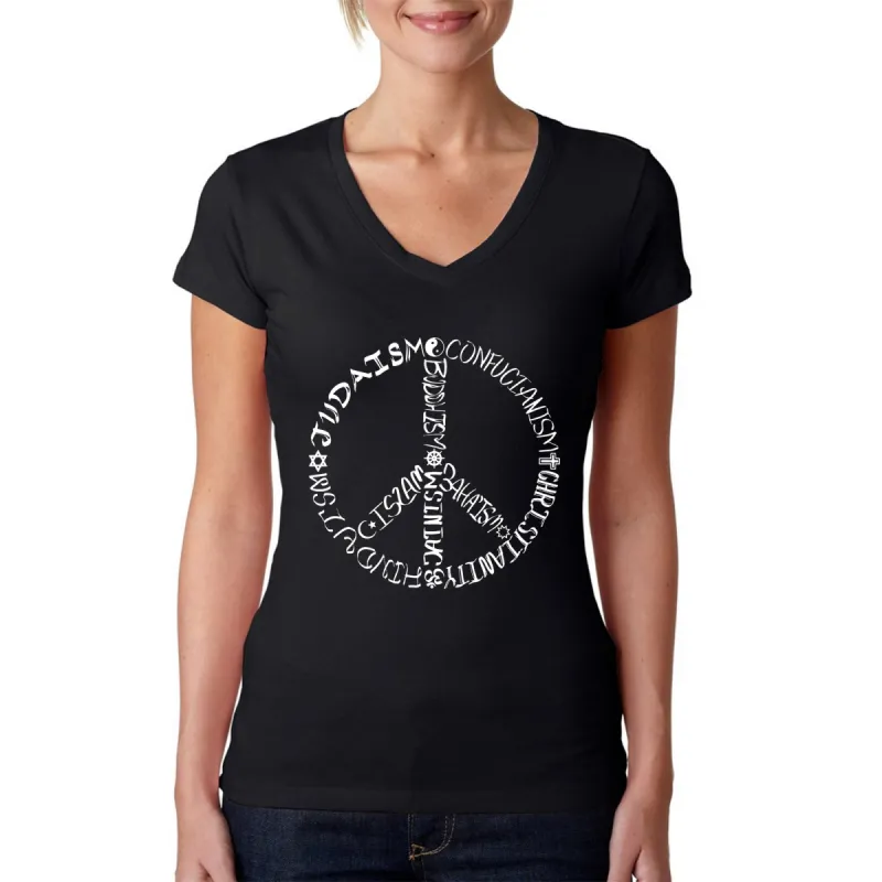 Different Faiths peace sign - Women's Word Art V-Neck T-Shirt sold by LA Pop Art