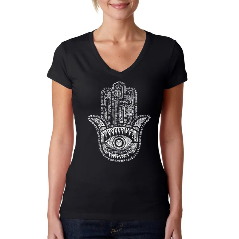 Hamsa - Women's Word Art V-Neck T-Shirt sold by LA Pop Art