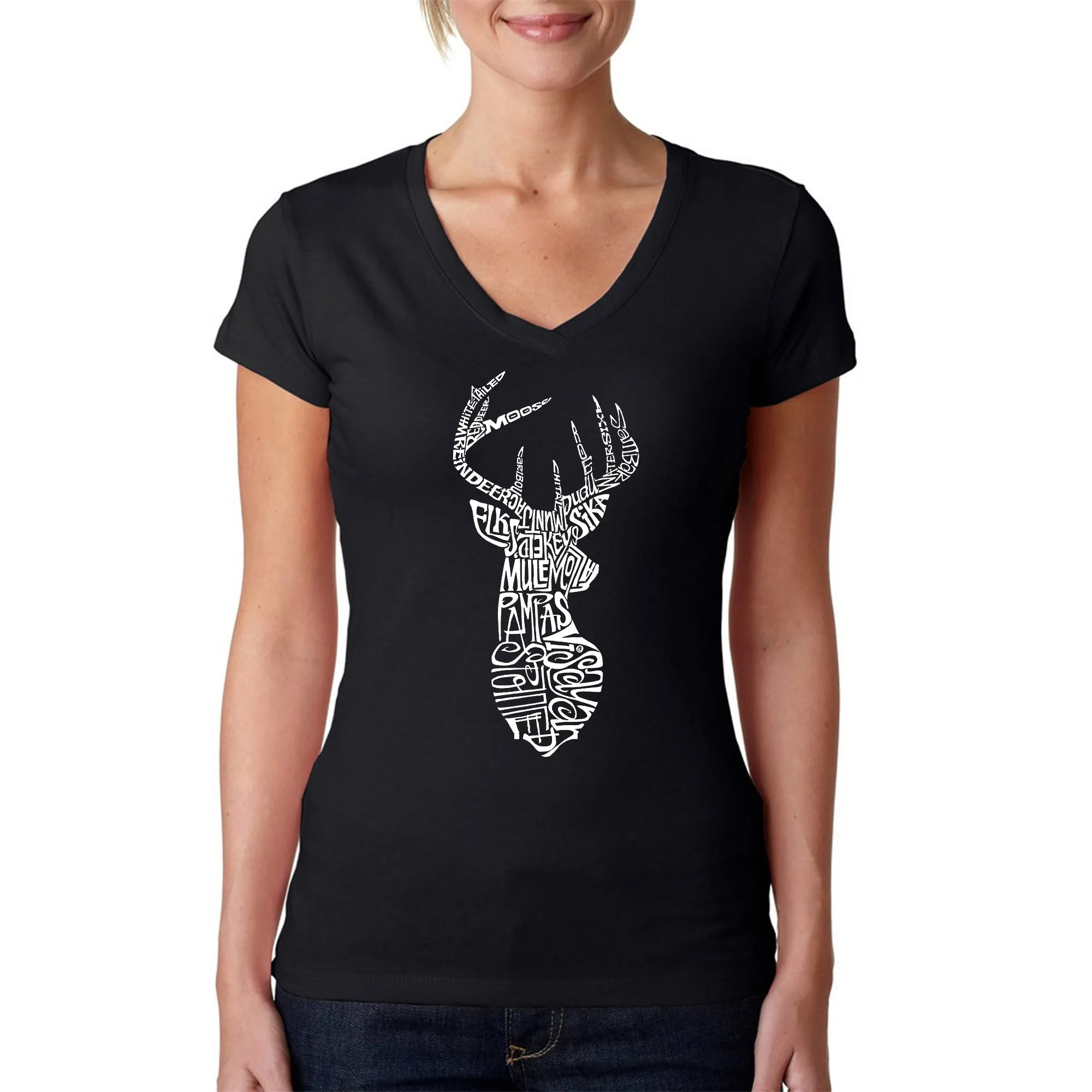 Types of Deer - Women's Word Art V-Neck T-Shirt sold by LA Pop Art