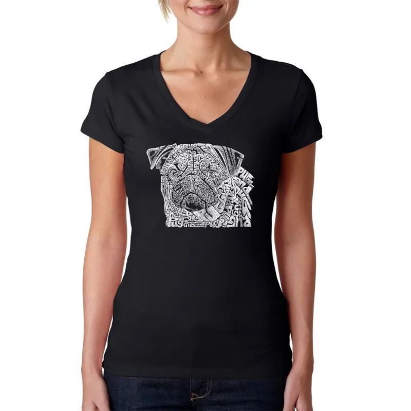 Pug Face - Women's Word Art V-Neck T-Shirt sold by LA Pop Art