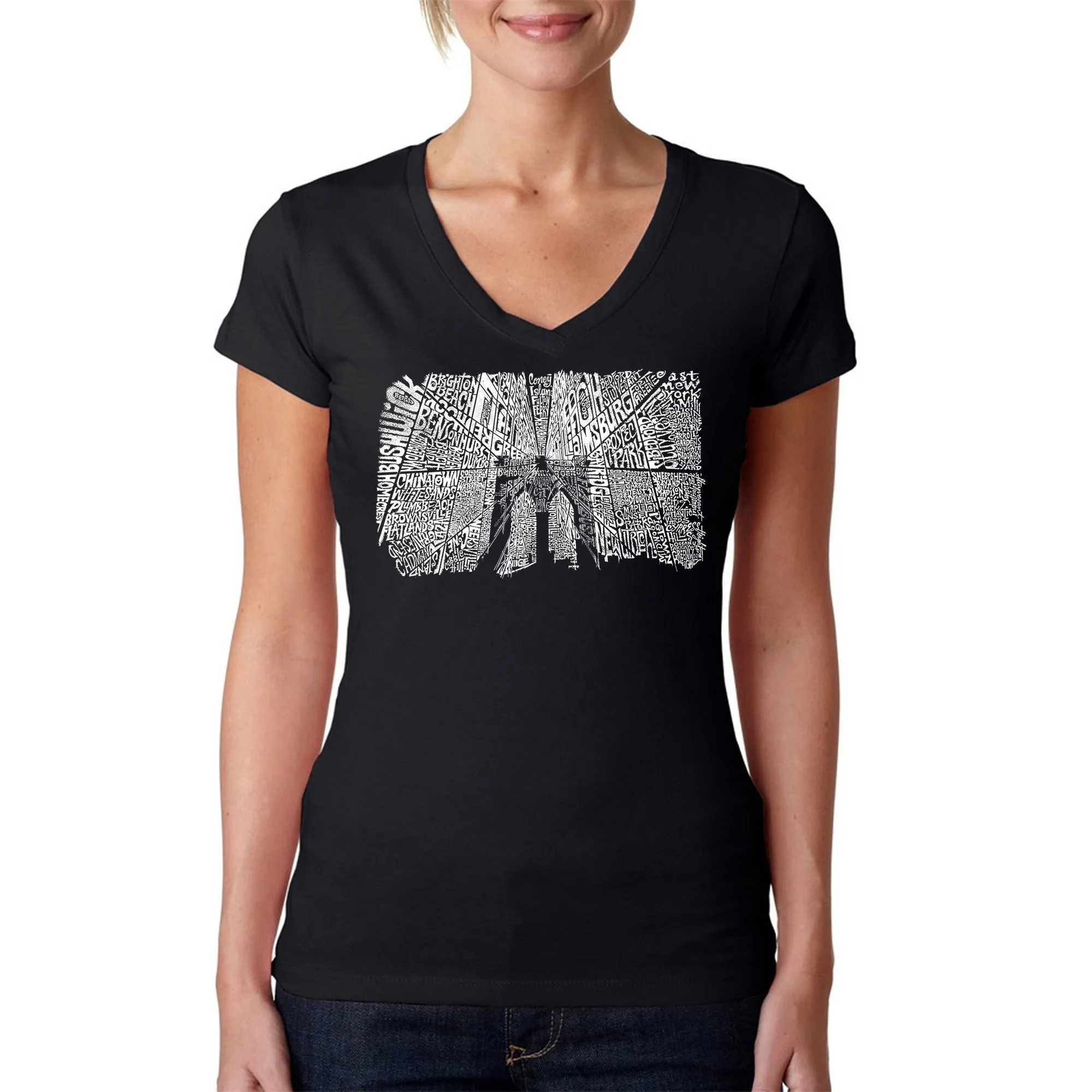Brooklyn Bridge - Women's Word Art V-Neck T-Shirt sold by LA Pop Art