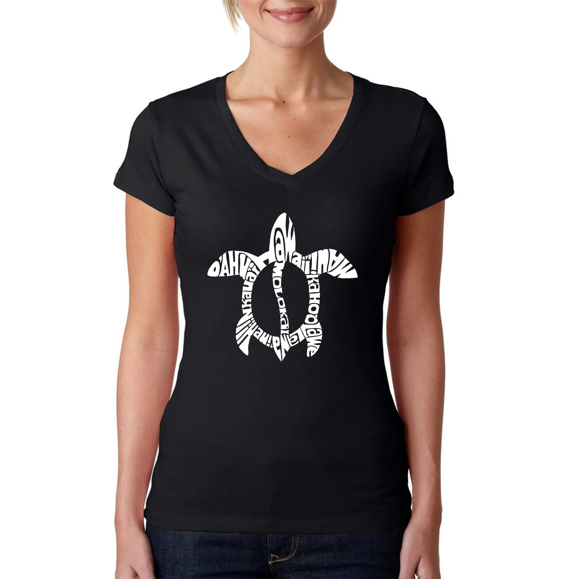 Honu Turtle Hawaiian Islands - Women's Word Art V-Neck T-Shirt sold by LA Pop Art