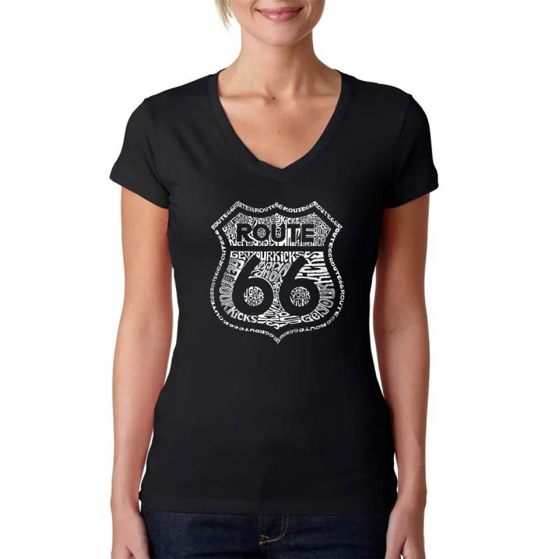 Get Your Kicks on Route 66 - Women's Word Art V-Neck T-Shirt sold by LA Pop Art