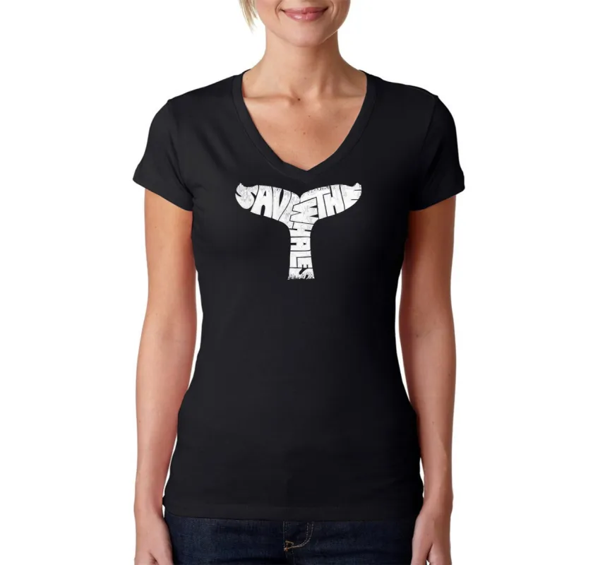SAVE THE WHALES - Women's Word Art V-Neck T-Shirt sold by LA Pop Art