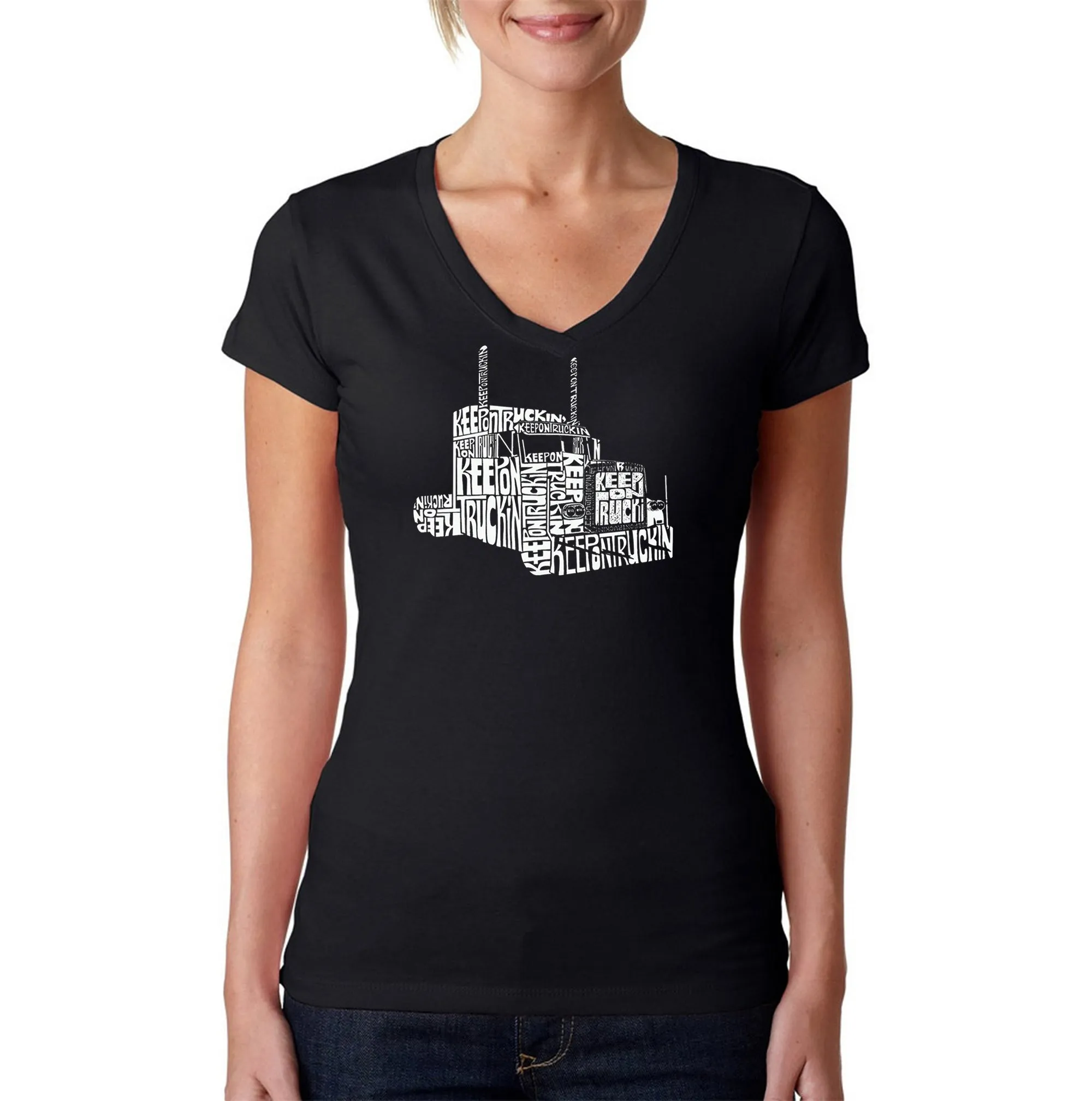 KEEP ON TRUCKIN' - Women's Word Art V-Neck T-Shirt sold by LA Pop Art