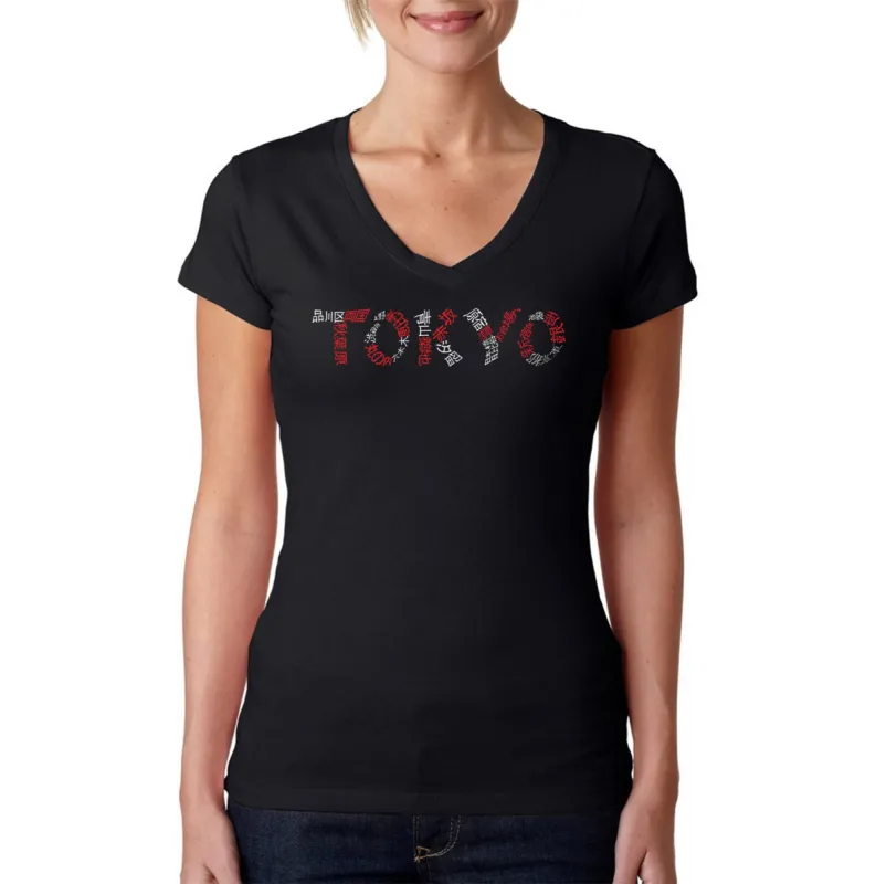 THE NEIGHBORHOODS OF TOKYO - Women's Word Art V-Neck T-Shirt sold by LA Pop Art
