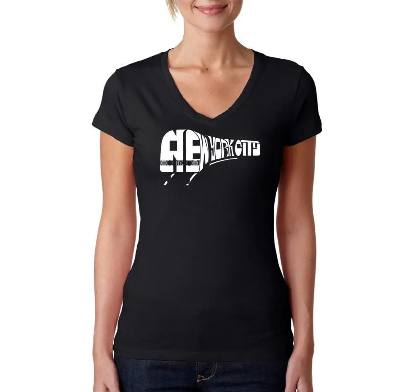 NY SUBWAY - Women's Word Art V-Neck T-Shirt sold by LA Pop Art