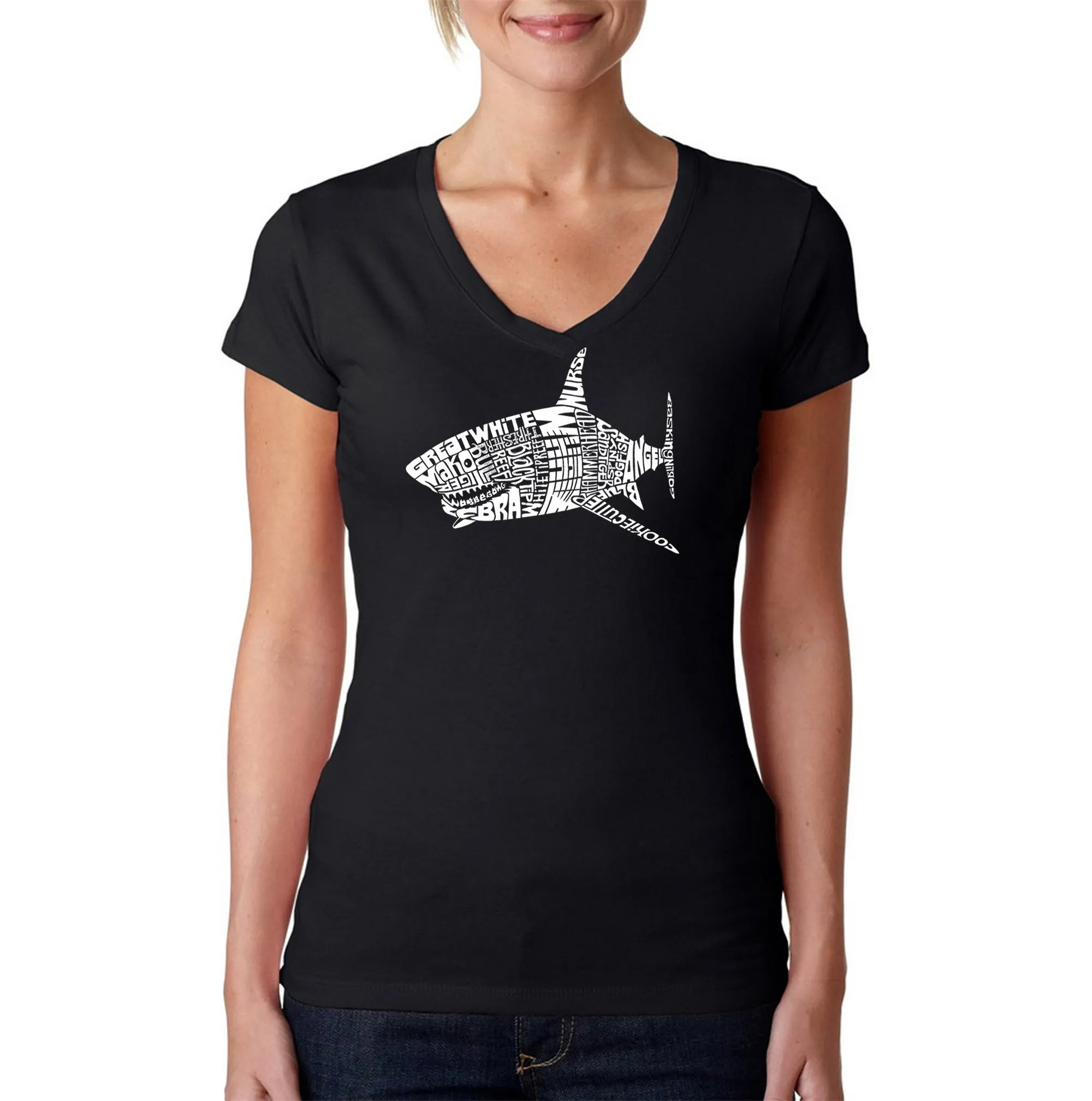 SPECIES OF SHARK - Women's Word Art V-Neck T-Shirt sold by LA Pop Art