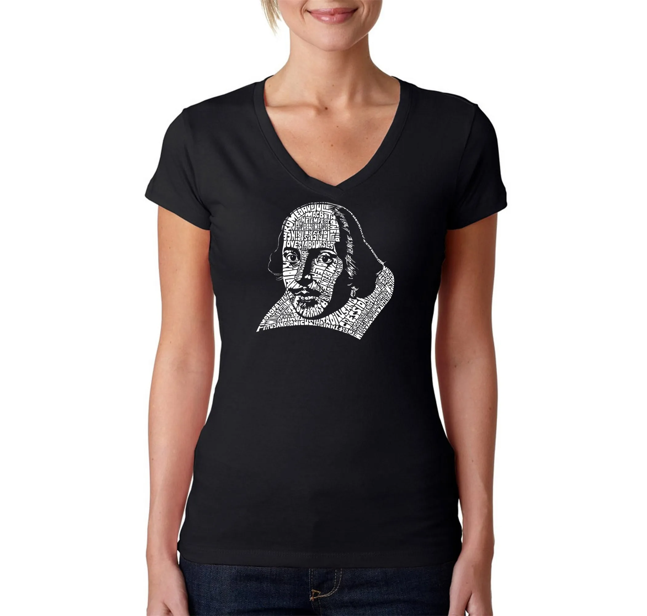 THE TITLES OF ALL OF WILLIAM SHAKESPEARE'S COMEDIES & TRAGEDIES - Women's Word Art V-Neck T-Shirt sold by LA Pop Art