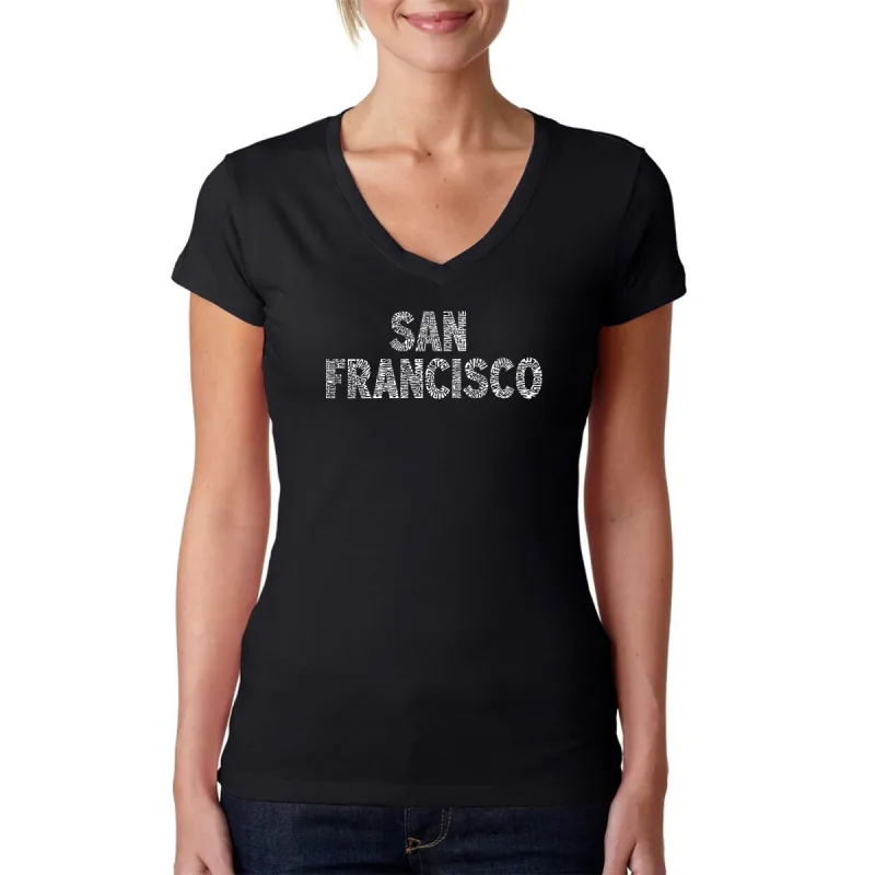 SAN FRANCISCO NEIGHBORHOODS - Women's Word Art V-Neck T-Shirt sold by LA Pop Art