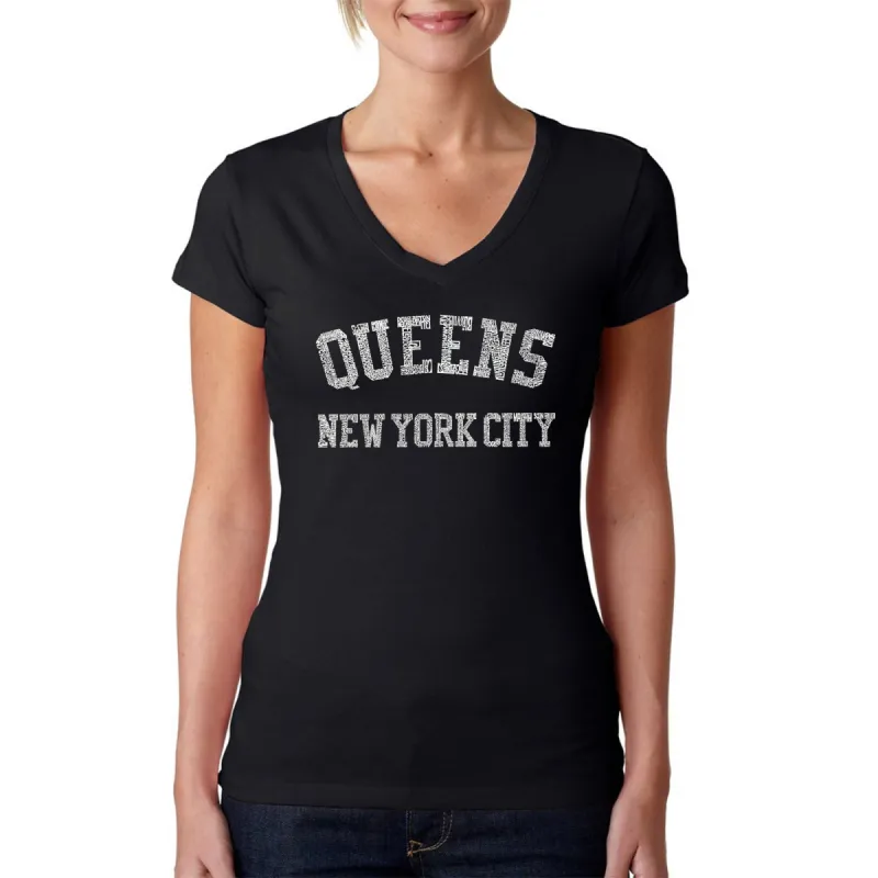 POPULAR NEIGHBORHOODS IN QUEENS, NY - Women's Word Art V-Neck T-Shirt sold by LA Pop Art