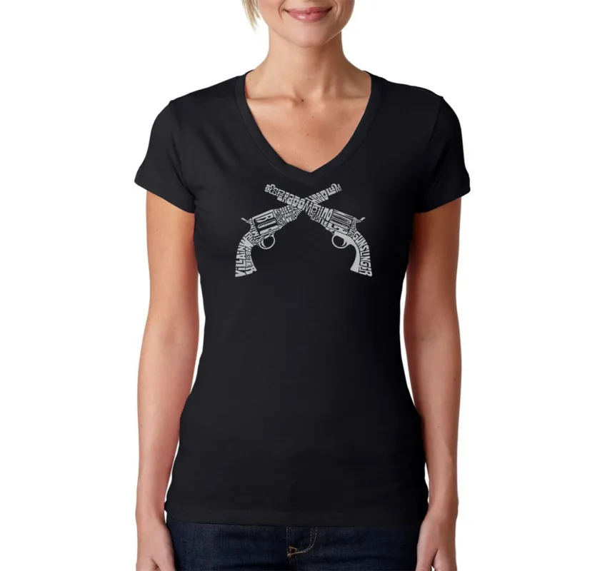 CROSSED PISTOLS - Women's Word Art V-Neck T-Shirt sold by LA Pop Art