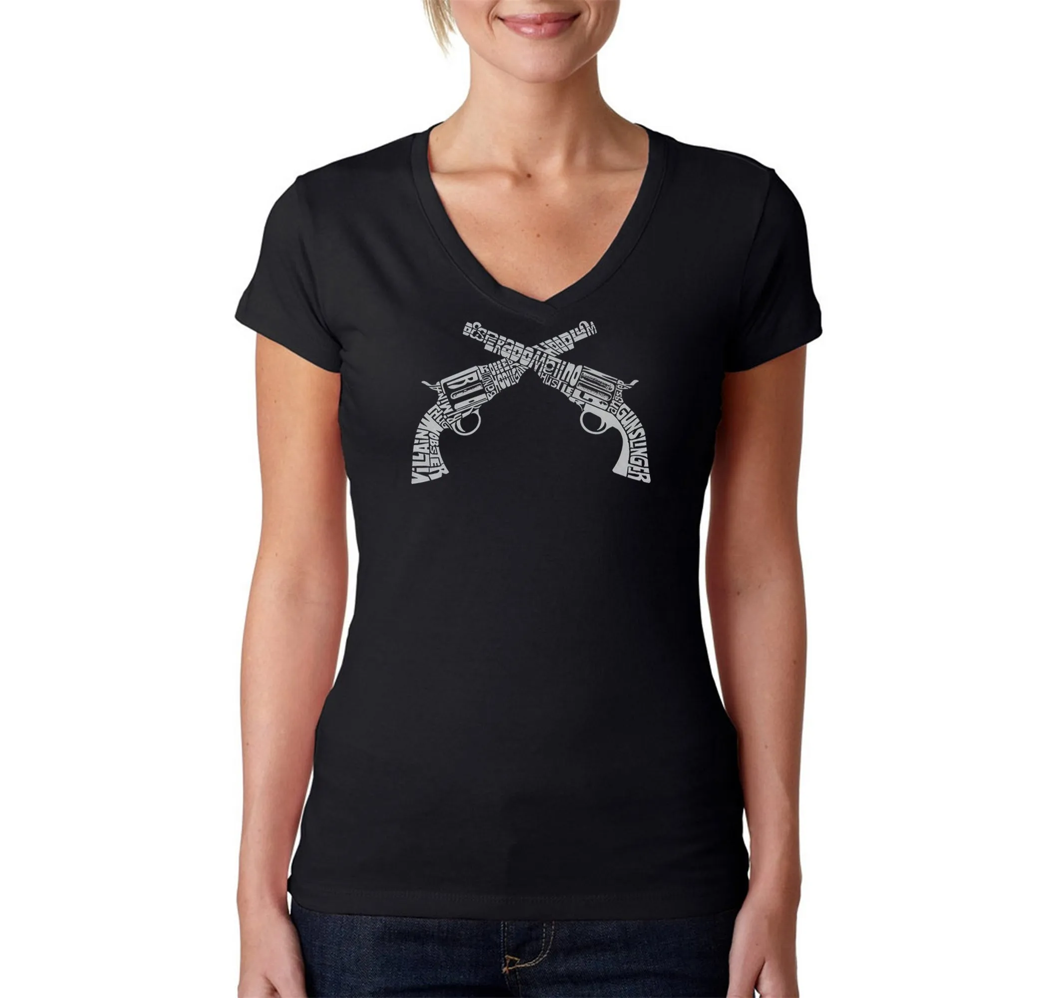 CROSSED PISTOLS - Women's Word Art V-Neck T-Shirt sold by LA Pop Art