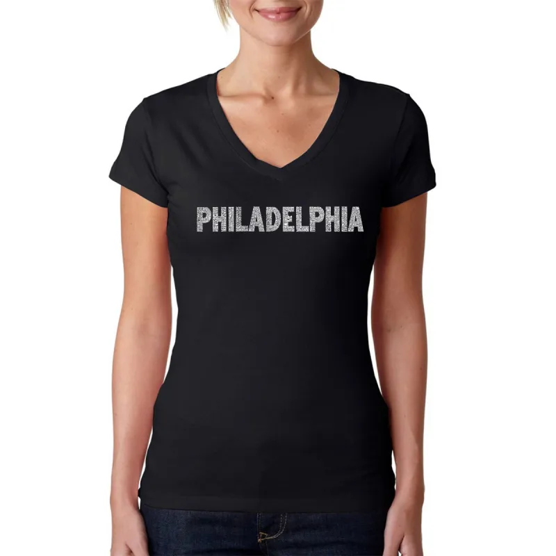 PHILADELPHIA NEIGHBORHOODS - Women's Word Art V-Neck T-Shirt sold by LA Pop Art