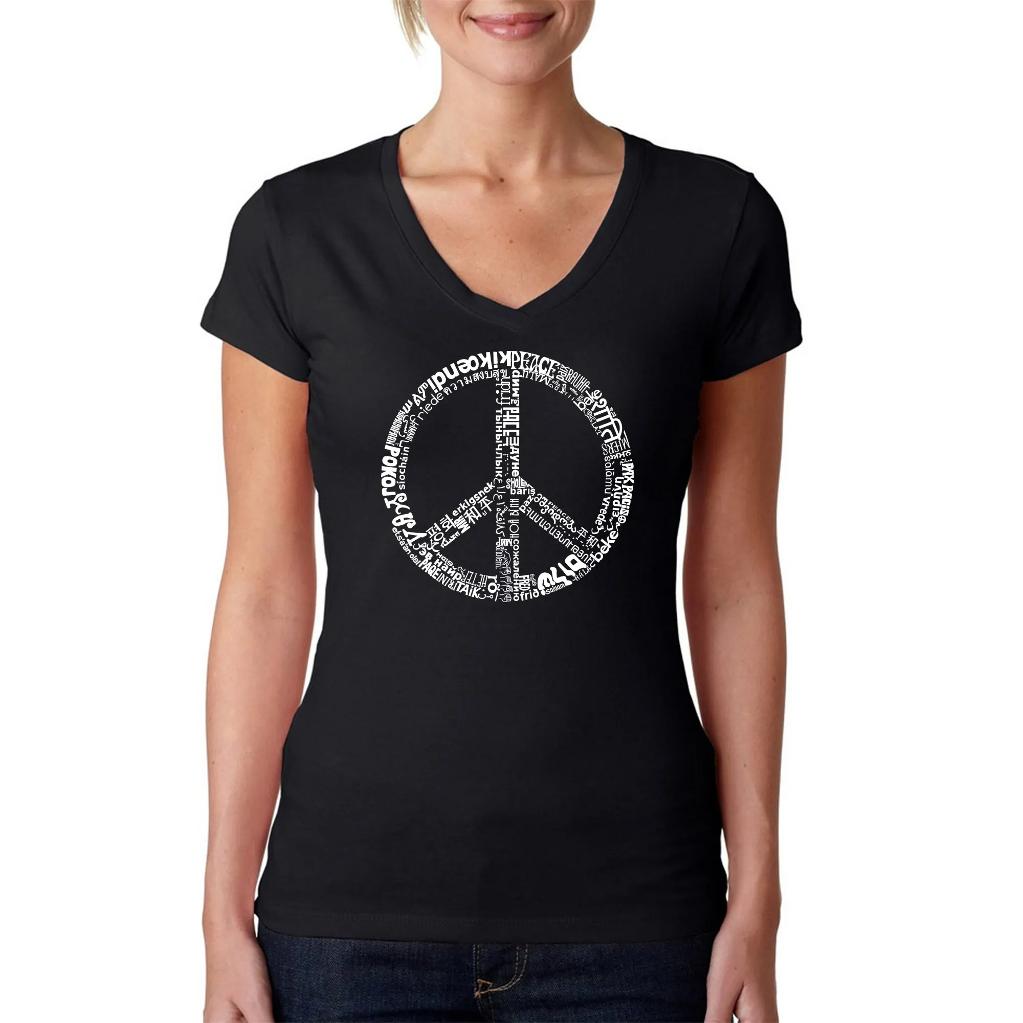 THE WORD PEACE IN 77 LANGUAGES - Women's Word Art V-Neck T-Shirt sold by LA Pop Art