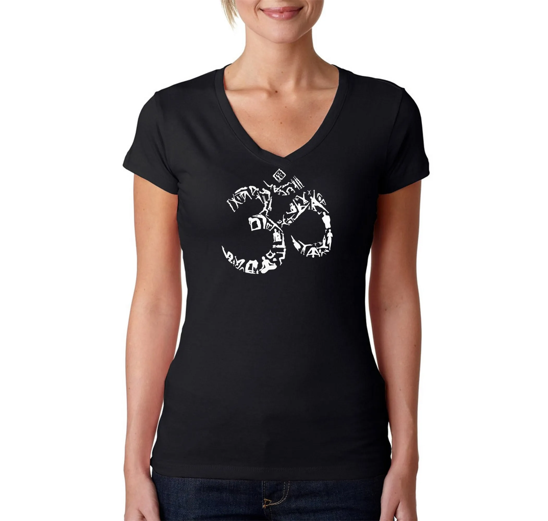 THE OM SYMBOL OUT OF YOGA POSES - Women's Word Art V-Neck T-Shirt sold by LA Pop Art
