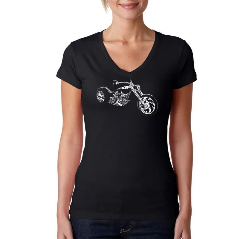 MOTORCYCLE - Women's Word Art V-Neck T-Shirt sold by LA Pop Art