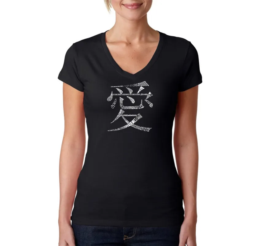The Word Love in 44 Languages - Women's Word Art V-Neck T-Shirt sold by LA Pop Art