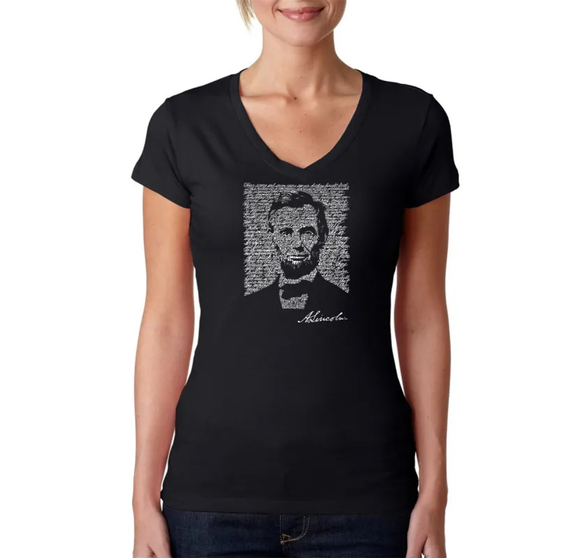 ABRAHAM LINCOLN GETTYSBURG ADDRESS - Women's Word Art V-Neck T-Shirt sold by LA Pop Art
