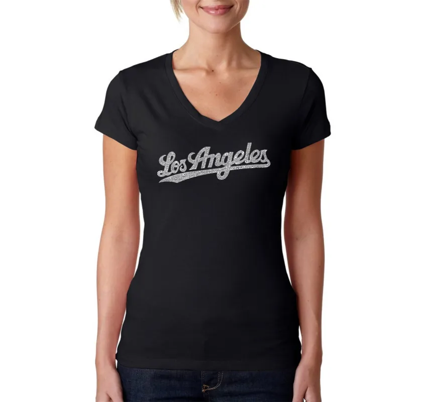 LOS ANGELES NEIGHBORHOODS - Women's Word Art V-Neck T-Shirt sold by LA Pop Art
