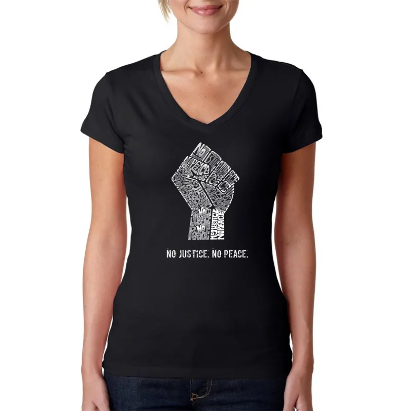 No Justice, No Peace - Women's Word Art V-Neck T-Shirt sold by LA Pop Art