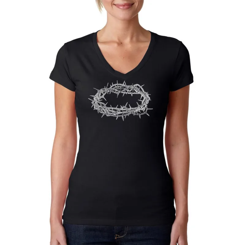 CROWN OF THORNS - Women's Word Art V-Neck T-Shirt sold by LA Pop Art