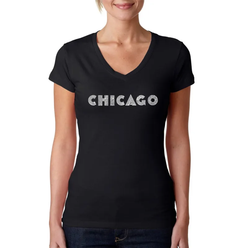 CHICAGO NEIGHBORHOODS - Women's Word Art V-Neck T-Shirt sold by LA Pop Art