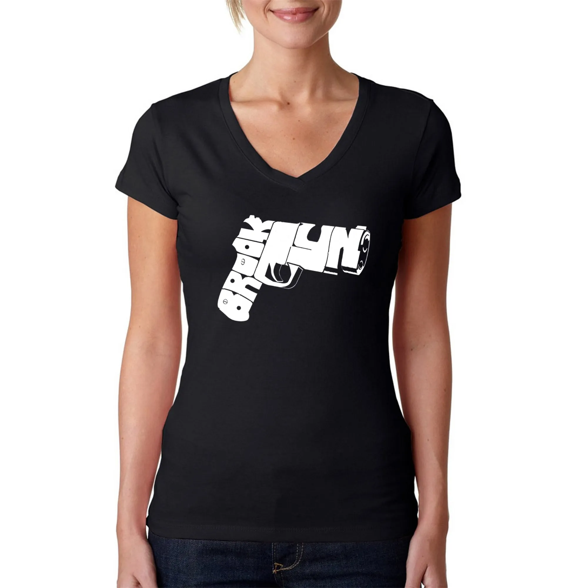 BROOKLYN GUN - Women's Word Art V-Neck T-Shirt sold by LA Pop Art