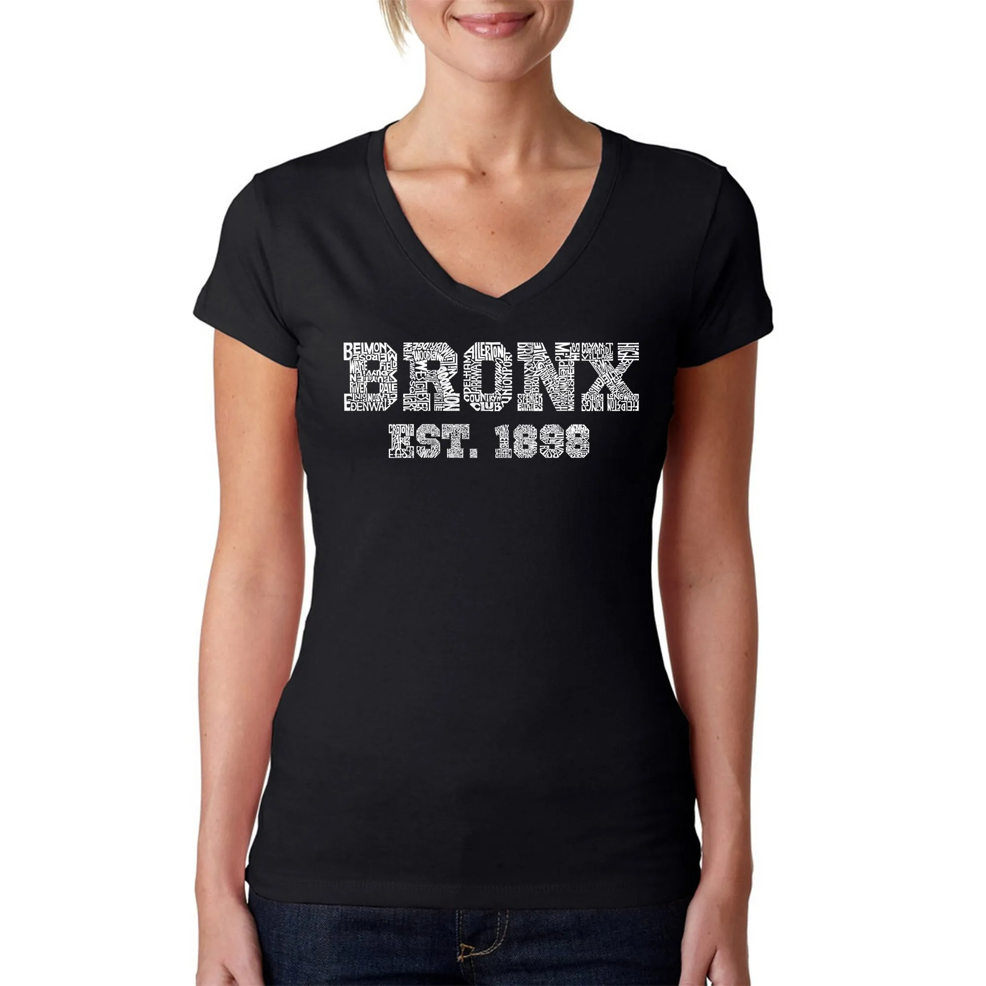 POPULAR NEIGHBORHOODS IN BRONX, NY - Women's Word Art V-Neck T-Shirt sold by LA Pop Art
