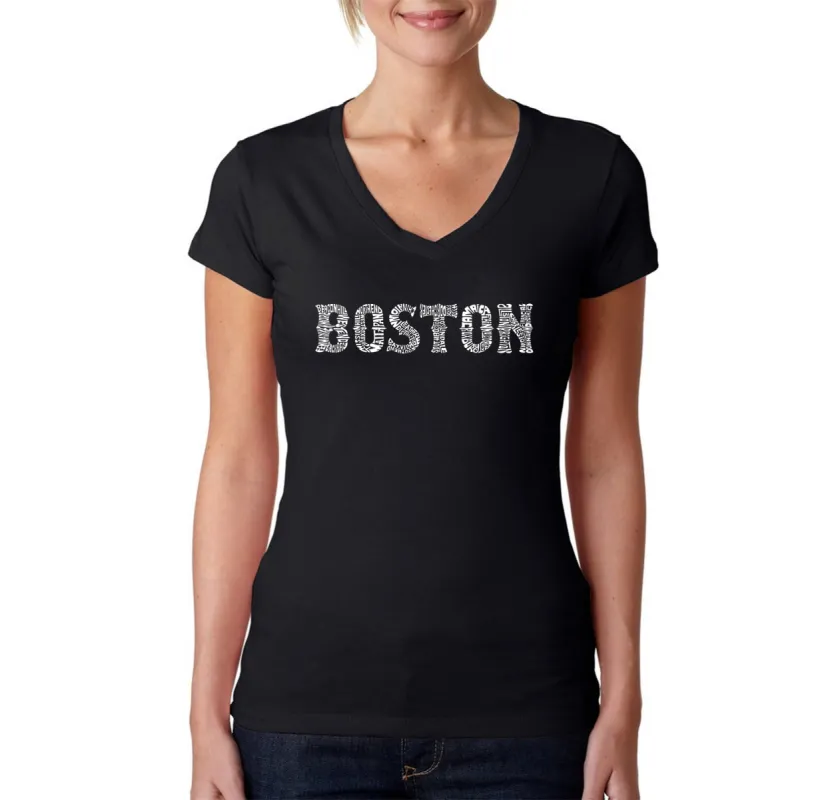 BOSTON NEIGHBORHOODS - Women's Word Art V-Neck T-Shirt sold by LA Pop Art