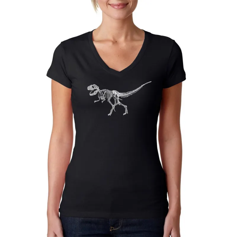 Dinosaur TRex Skeleton - Women's Word Art V-Neck T-Shirt sold by LA Pop Art