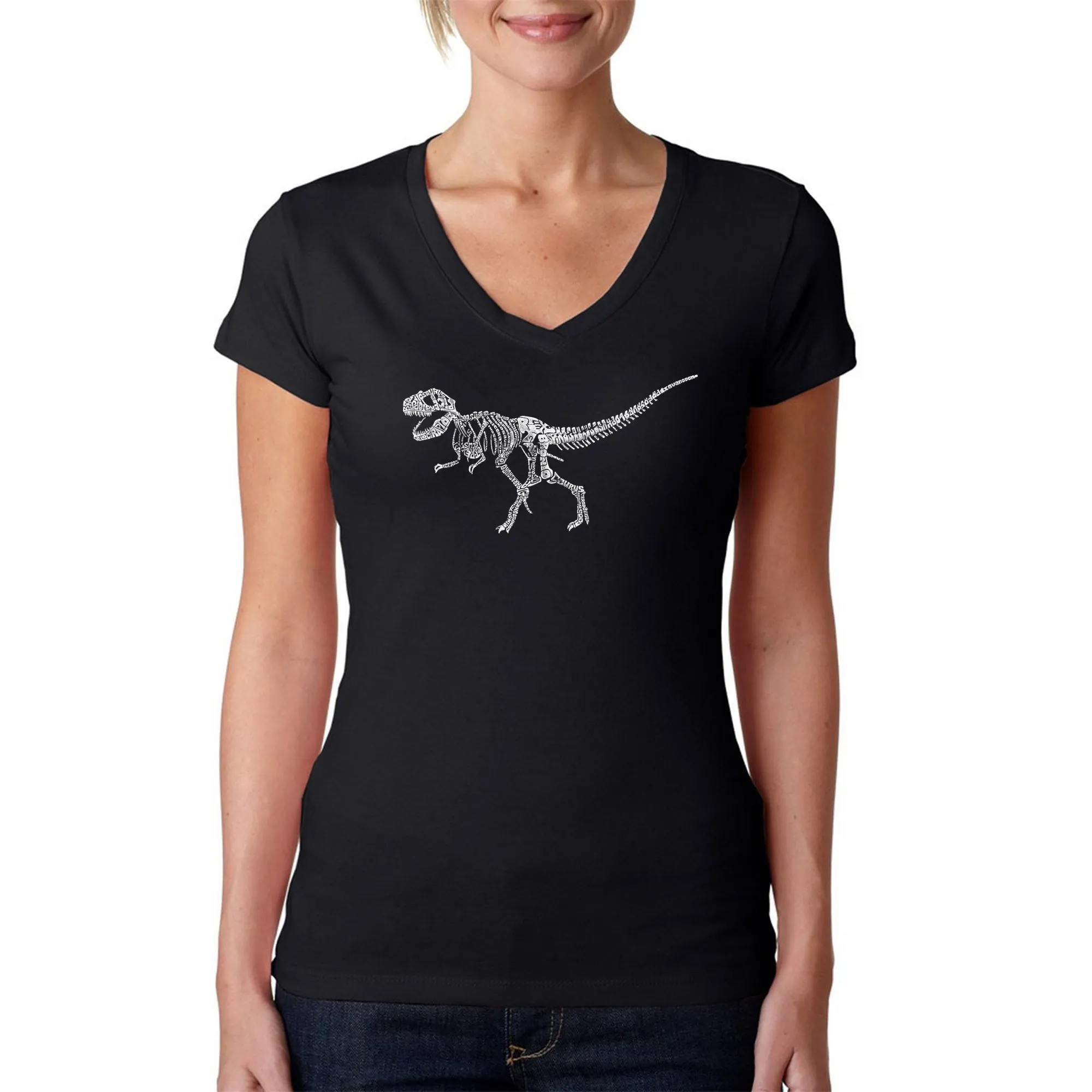 Dinosaur TRex Skeleton - Women's Word Art V-Neck T-Shirt sold by LA Pop Art
