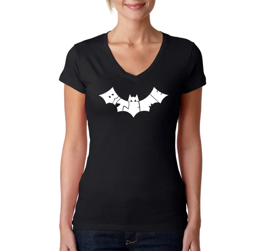 BAT BITE ME - Women's Word Art V-Neck T-Shirt sold by LA Pop Art