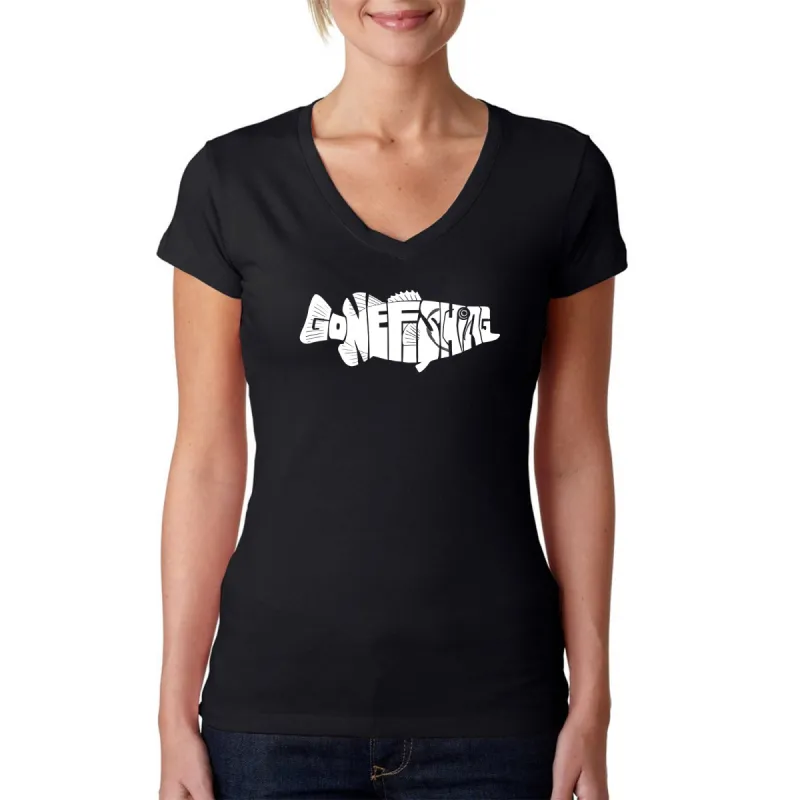 Bass Gone Fishing - Women's Word Art V-Neck T-Shirt sold by LA Pop Art