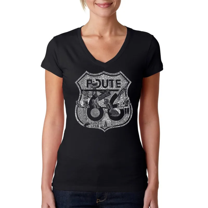 Stops Along Route 66 - Women's Word Art V-Neck T-Shirt sold by LA Pop Art