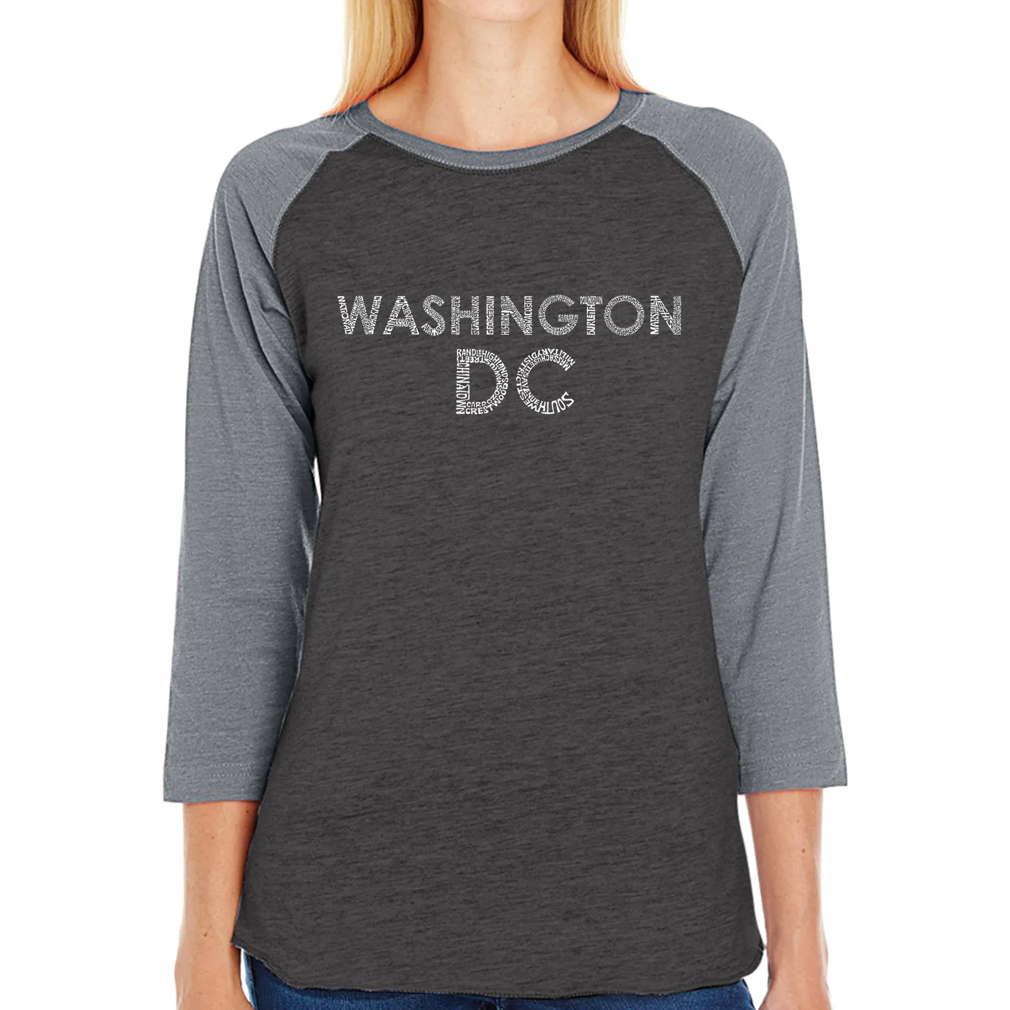 WASHINGTON DC NEIGHBORHOODS - Women's Raglan Baseball Word Art T-Shirt sold by LA Pop Art product image thumbnail 3