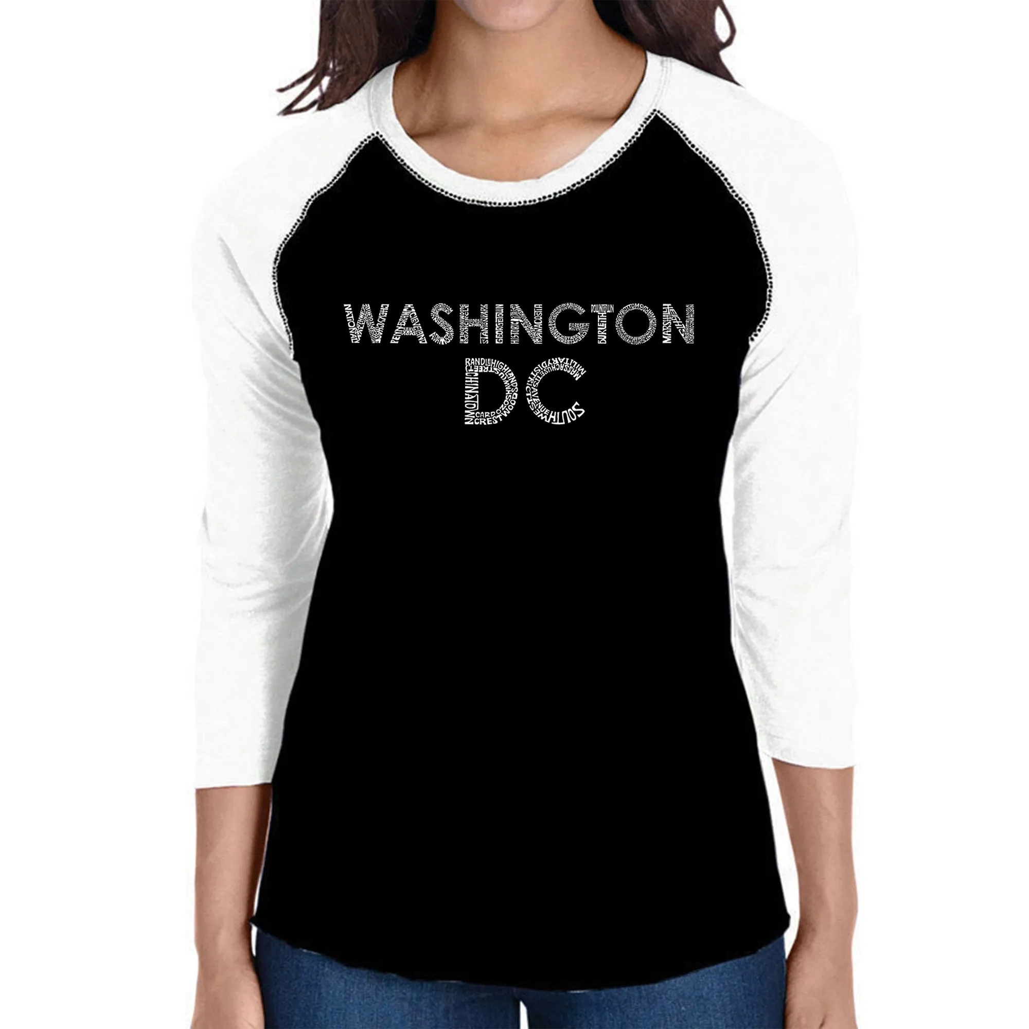 WASHINGTON DC NEIGHBORHOODS - Women's Raglan Baseball Word Art T-Shirt sold by LA Pop Art