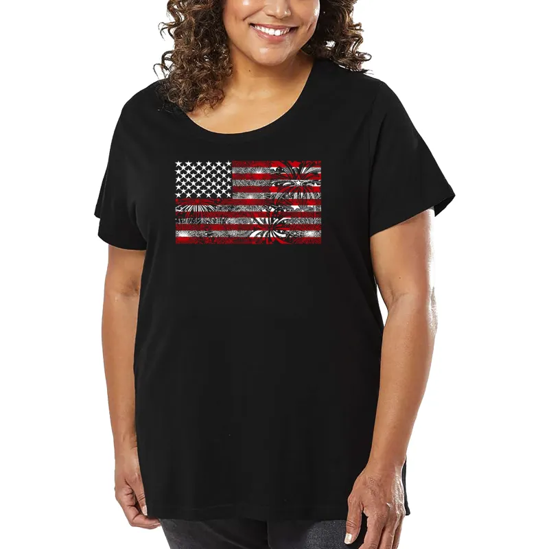 Women's Plus Size Word Art T-shirt - Fireworks American Flag sold by LA Pop Art