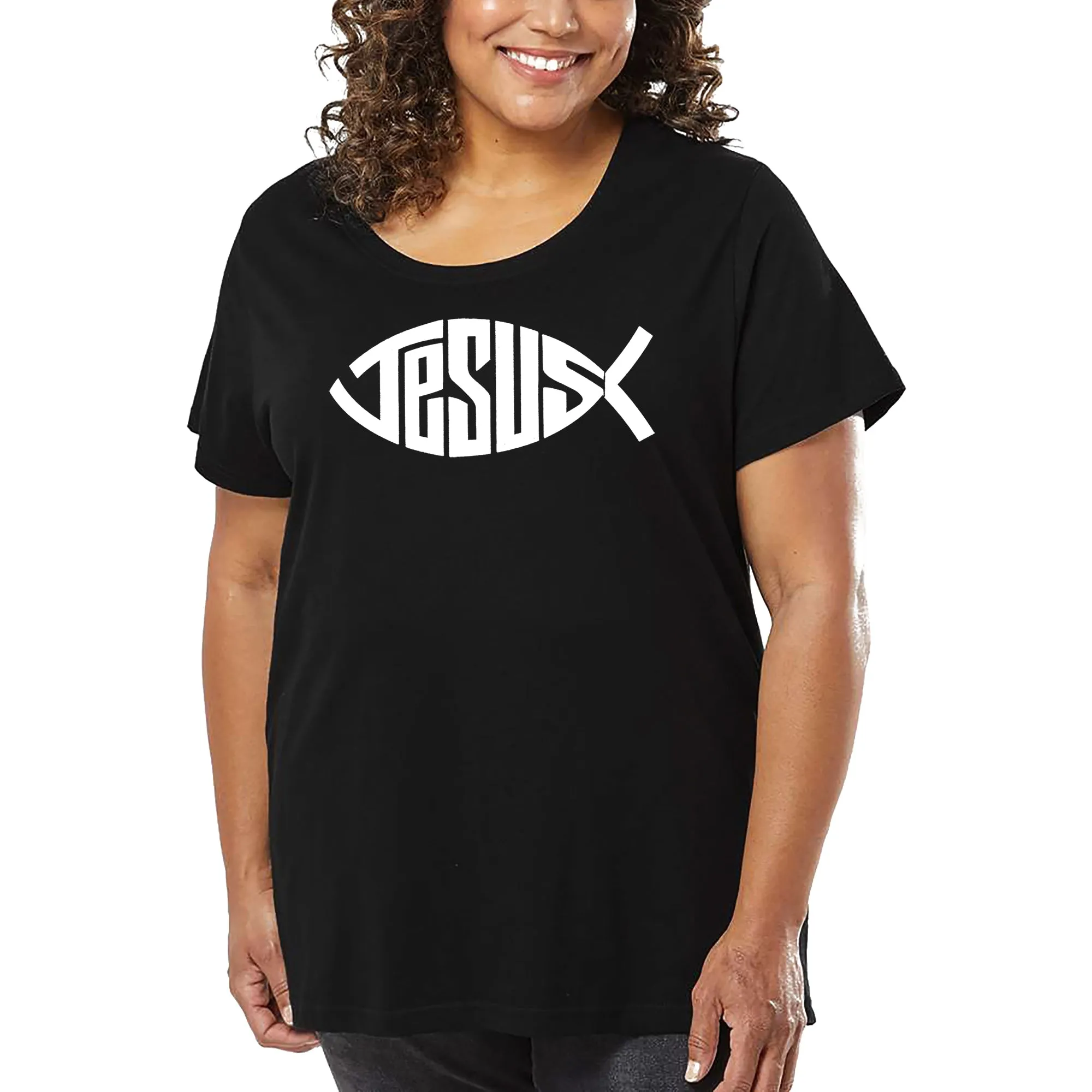 Women's Plus Size Word Art T-shirt - Christian Jesus Name Fish Symbol sold by LA Pop Art