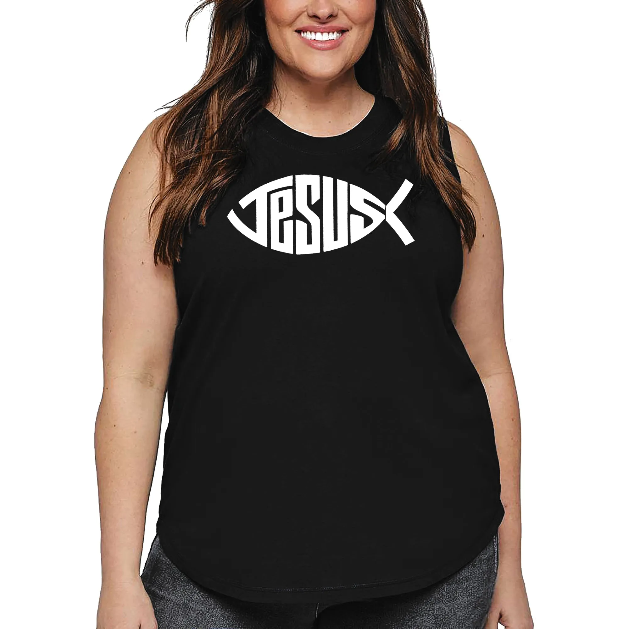 Women's Plus Size Word Art Tank Top - Christian Jesus Name Fish Symbol sold by LA Pop Art