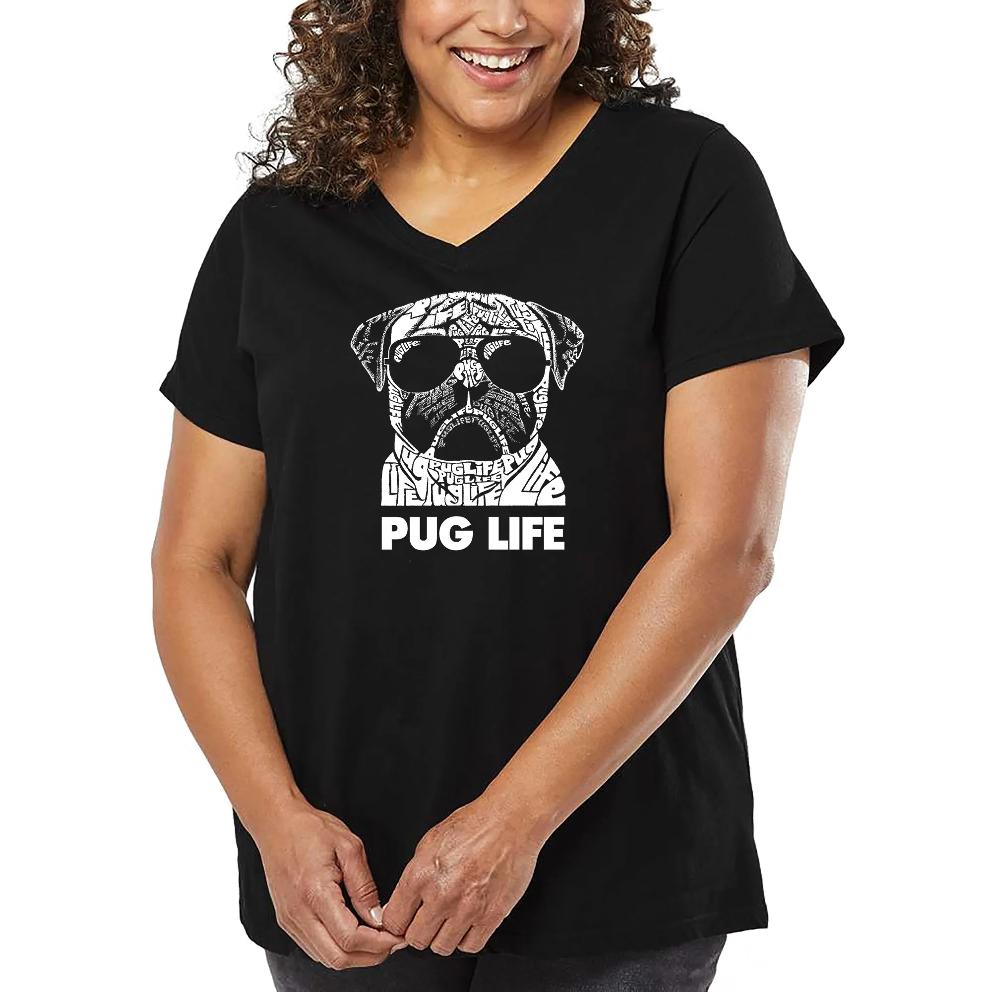 Women's Plus Size Word Art V-Neck - Pug Life sold by LA Pop Art
