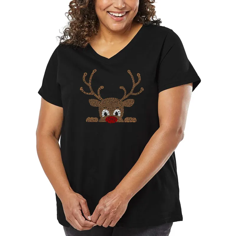 Peeking Reindeer - Women's Plus Size Word Art V-Neck sold by LA Pop Art
