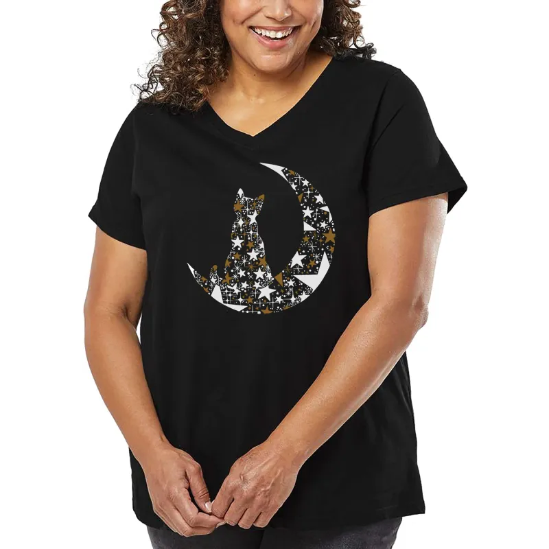 Cat Sitting On Moon - Women's Plus Size Word Art V-Neck sold by LA Pop Art