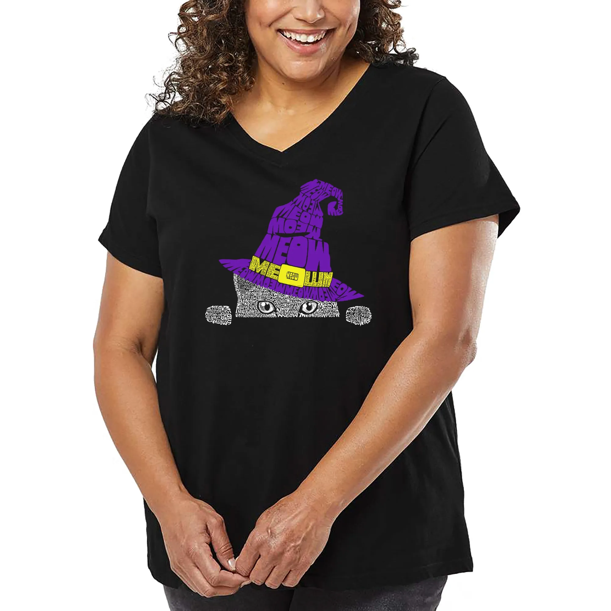 Peeking Witch Cat - Women's Plus Size Word Art V-Neck sold by LA Pop Art