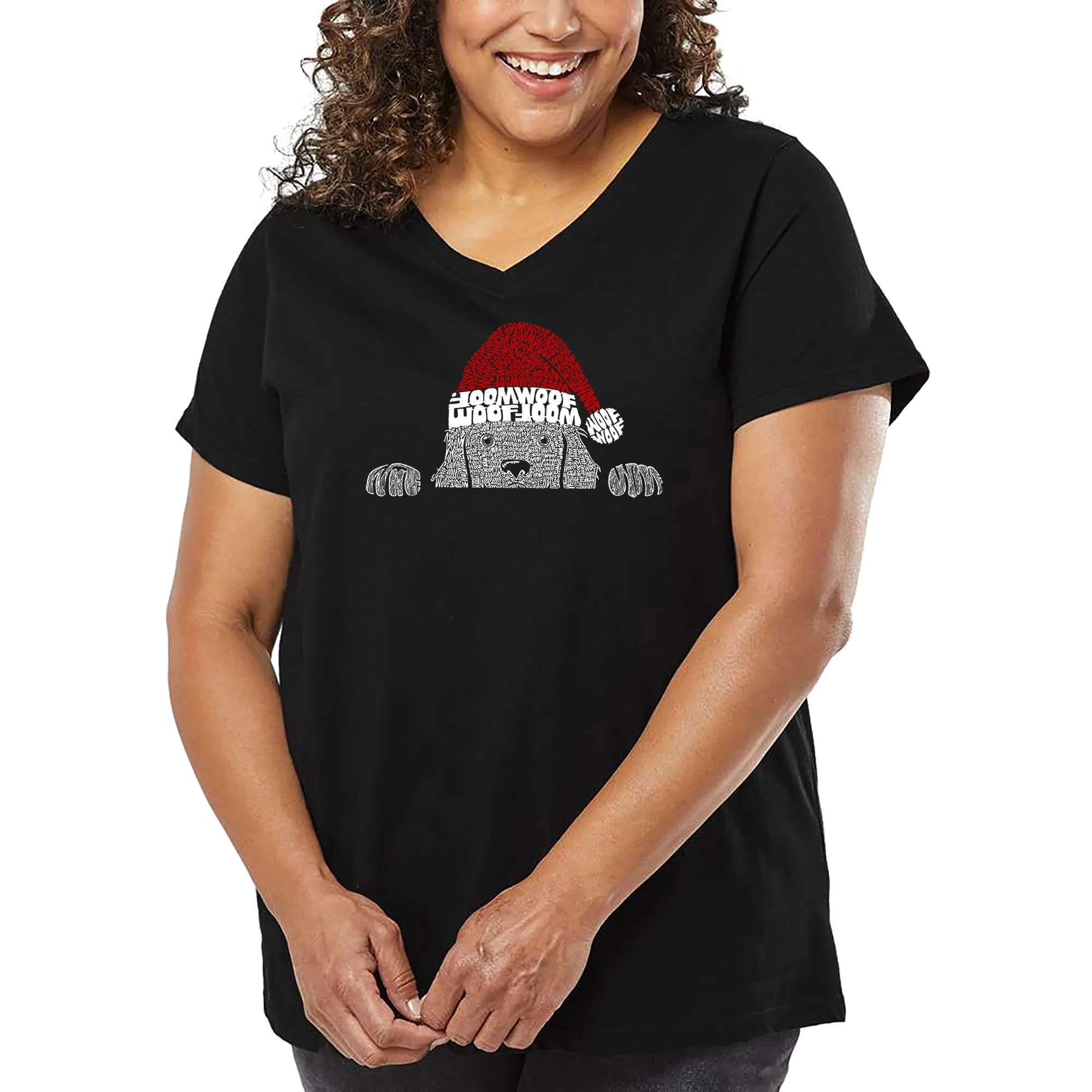 Christmas Peeking Dog - Women's Plus Size Word Art V-Neck sold by LA Pop Art