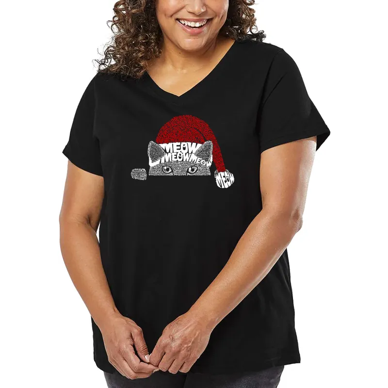 Christmas Peeking Cat - Women's Plus Size Word Art V-Neck sold by LA Pop Art