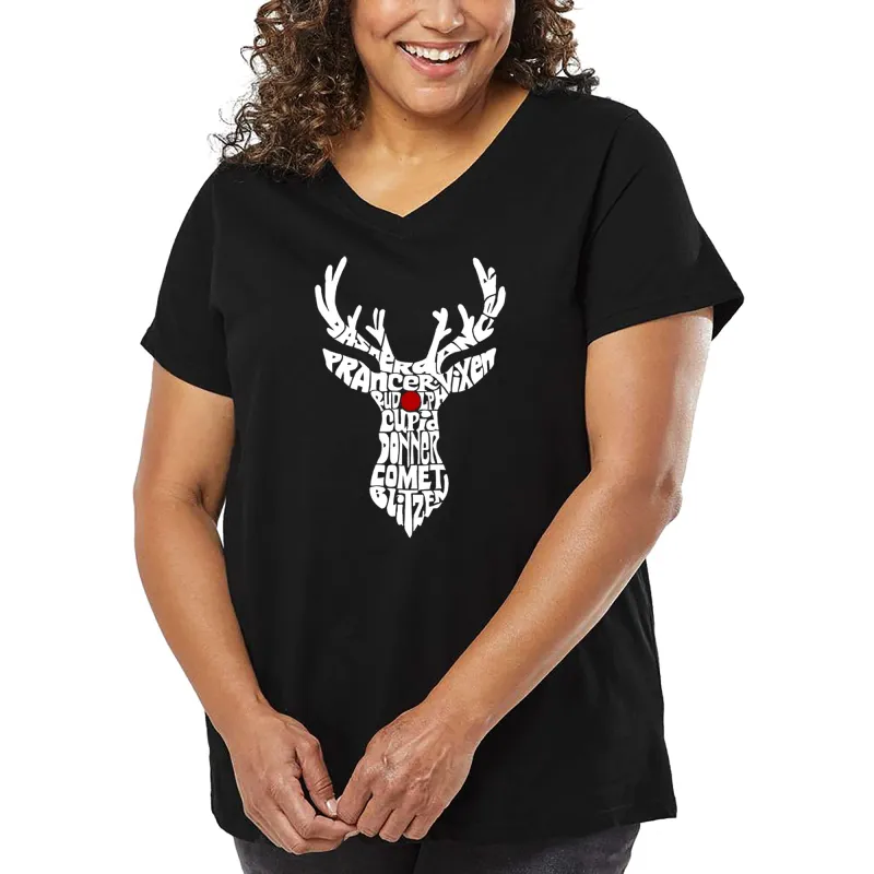 Women's Plus Size Word Art V-Neck - Santa's Reindeer sold by LA Pop Art