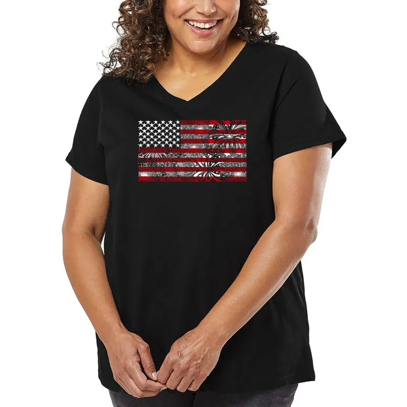 Women's Plus Size Word Art V-Neck - Fireworks American Flag sold by LA Pop Art